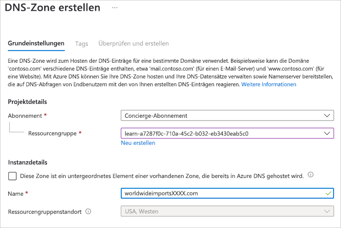 Screenshot: Seite „DNS-Zone erstellen“