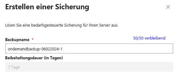 Screenshot: Dialogfeld „Sicherung erstellen“ zum Eingeben eines Sicherungsnamens und eines Aufbewahrungszeitraums