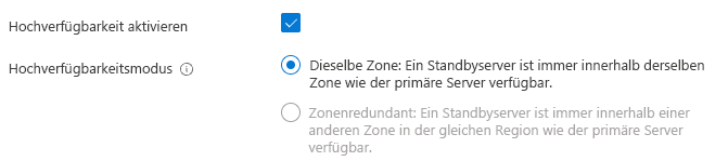 Screenshot: Auswahl, um die Hochverfügbarkeit in der gleichen Zone nach der Servererstellung zu aktivieren