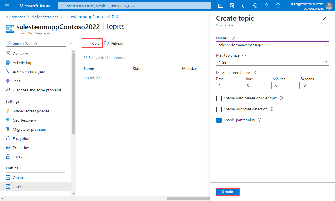 Screenshot: Der Service Bus-Namespace und der Bereich „Thema erstellen“, in dem „Thema“ und „Erstellen“ hervorgehoben sind.