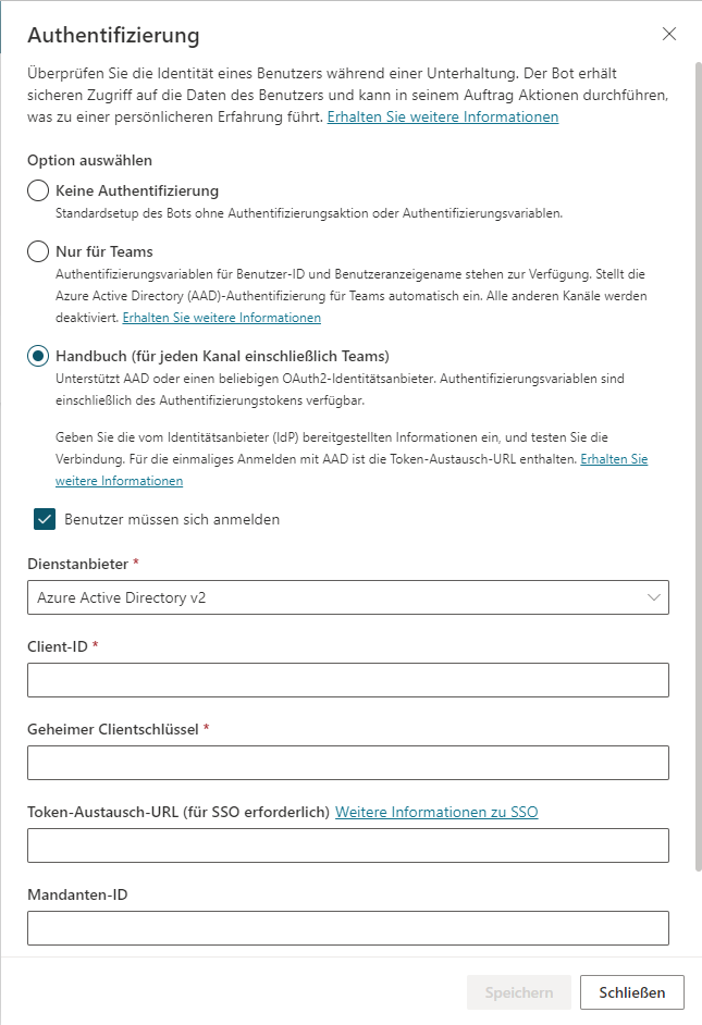 Screenshot des Dialogfensters „Authentifizierung“ mit ausgewählter manueller Auswahl und ausgefülltem Dienstanbieter