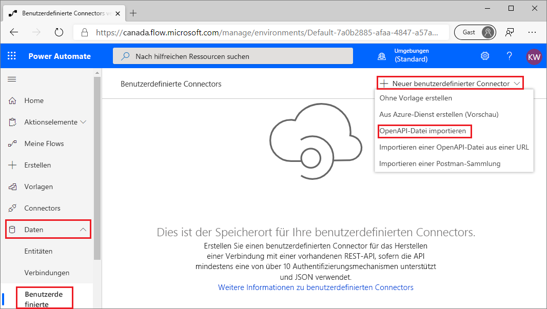 Screenshot der Seite „Power Automate-Daten > Benutzerdefinierte Konnektoren“ mit erweitertem Menü „Neuer benutzerdefinierter Konnektor“ und hervorgehobener Option „OpenAPI-Datei importieren“