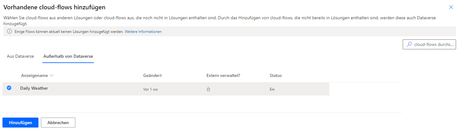 Screenshot mit dem Dialogfeld „Vorhandene Cloud-Flows der Lösung hinzufügen“