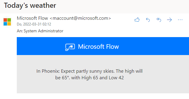 Screenshot einer E-Mail, die von einem Cloud-Flow für das Phoenix-Wetter versendet wurde