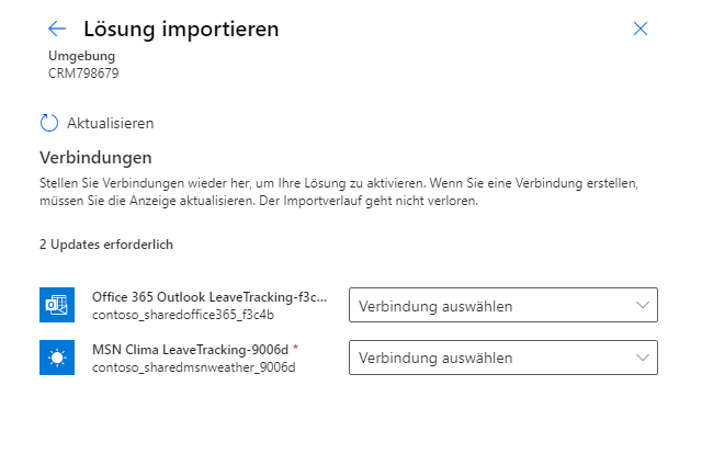 Screenshot zum Festlegen der Verbindungsreferenzen während des Imports.