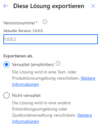 Screenshot der Optionen „Versionsnummer“ und „Exportieren als“ in der Aufforderung „Diese Lösung exportieren“