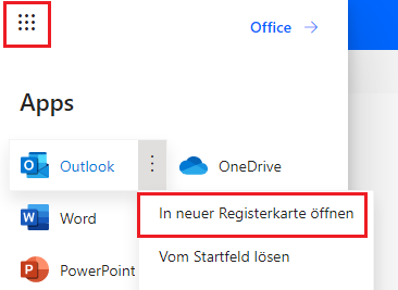 Screenshot des App-Startfelds mit ausgewählter Outlook-Option und hervorgehobener Schaltfläche „In neuem Tab öffnen“