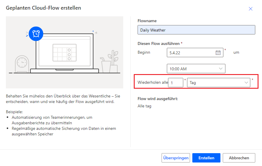 Screenshot der Konfiguration zur Erstellung des geplanten Cloud-Flows