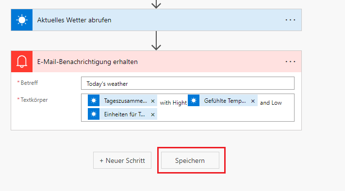 Screenshot des Flowschritts „Mir eine E-Mail-Benachrichtigung senden“ mit der hervorgehobenen Registerkarte „Speichern“