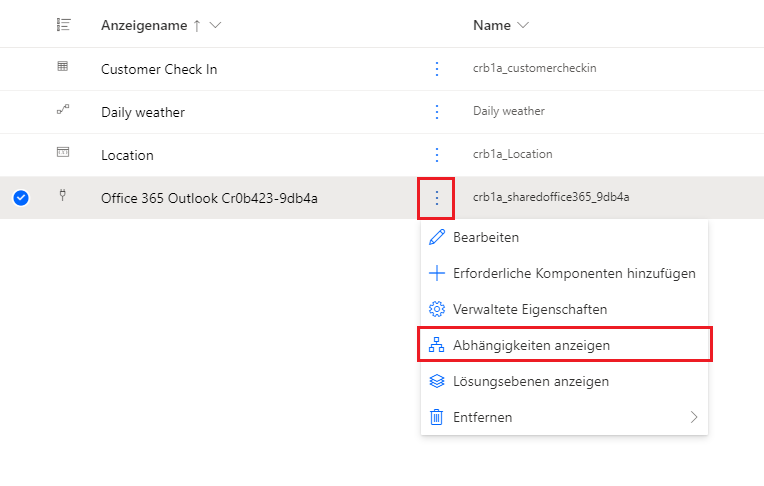 Screenshot der Option „Abhängigkeiten anzeigen“