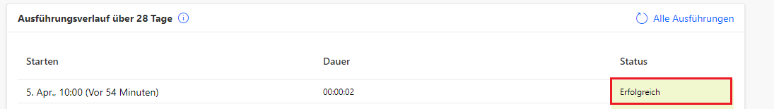 Screenshot des Flowausführungsverlaufs mit dem hervorgehobenen Status „Erfolgreich“
