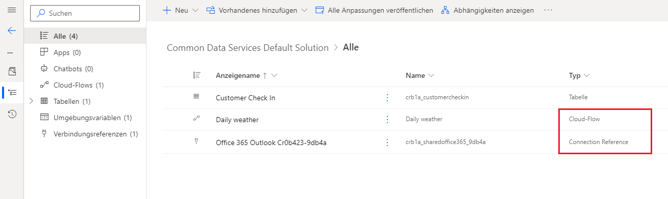 Screenshot der Verbindungsreferenz und der Cloud-Flow-Typen