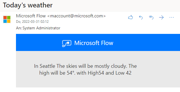 Screenshot einer E-Mail, die von einem Cloud-Flow für das Seattle-Wetter versendet wurde