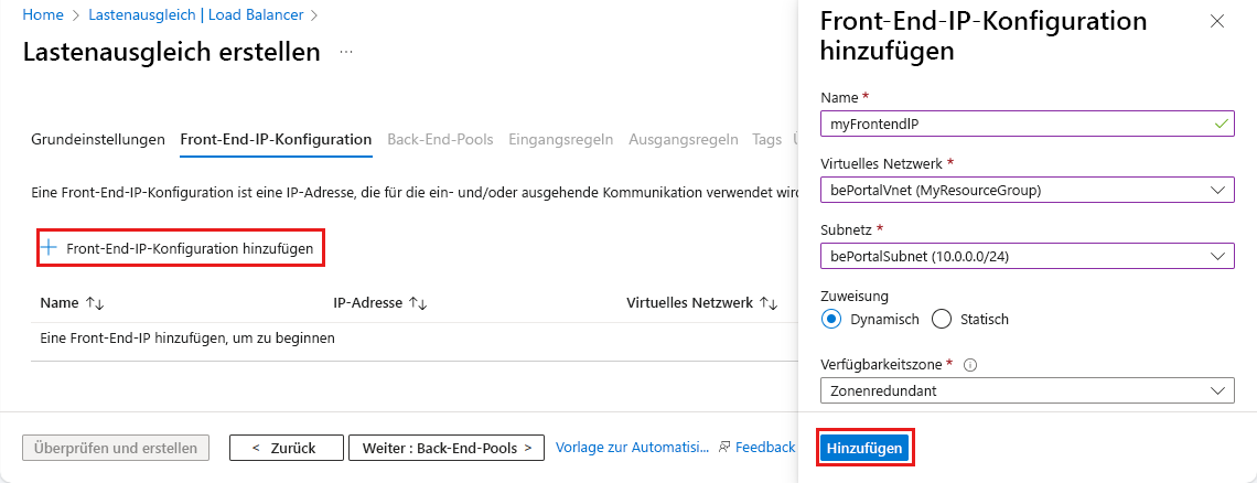 Screenshot: ausgefüllte Einstellungen für „Front-End-IP-Konfiguration hinzufügen“