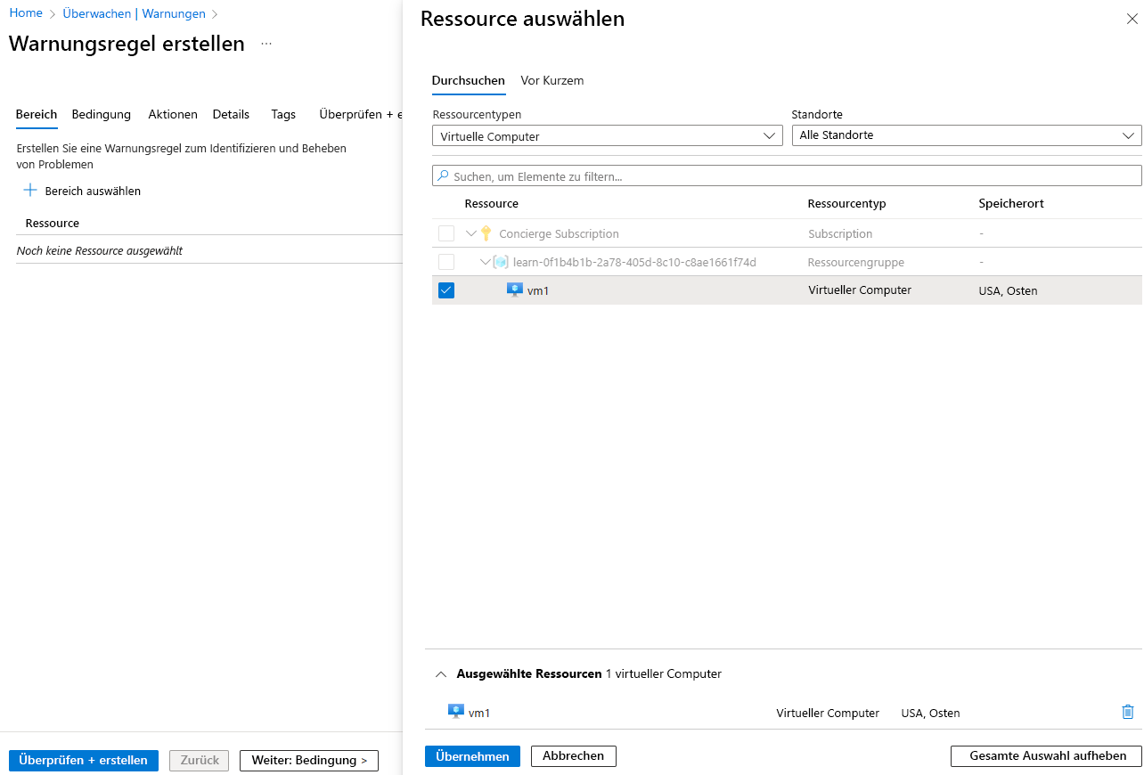 Screenshot des Bereichs „Ressource auswählen“ mit ausgewähltem Element „vm1“