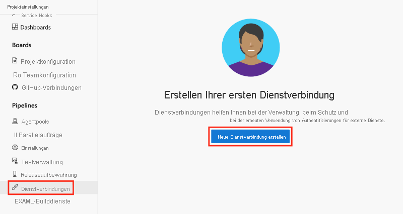 Screenshot of Azure DevOps that shows selections for creating a service connection.