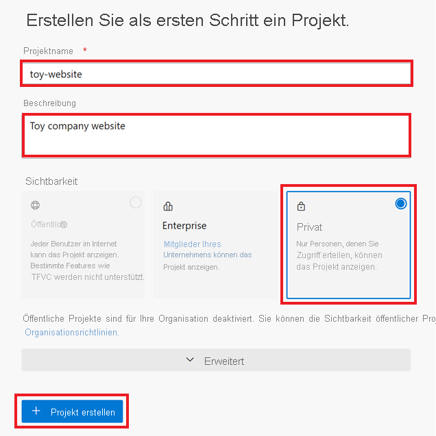 Screenshot: Bereich „Erstellen Sie als ersten Schritt ein Projekt“ in Azure DevOps mit den hervorgehobenen Optionen „Projektname“ und „Sichtbarkeit“