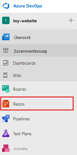 Screenshot: Bereich „Willkommen“ mit der hervorgehobenen Schaltfläche „Repositorys“ im Bereich und Ressourcenmenü