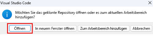 Screenshot of Visual Studio Code that shows a prompt to open the cloned repository, with the Open button highlighted.