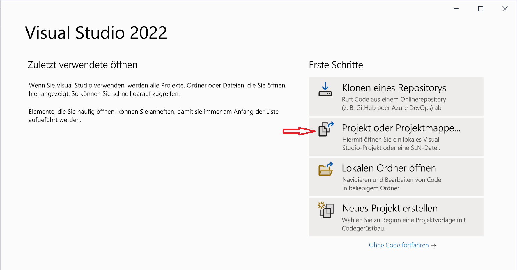 Visual Studio-Projektmappendatei wird geöffnet