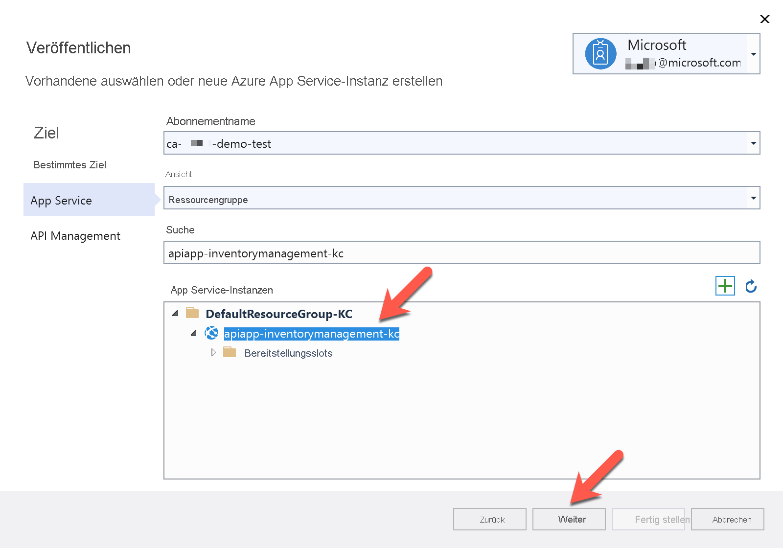 Screenshot: „In Azure App Service veröffentlichen“ in Visual Studio