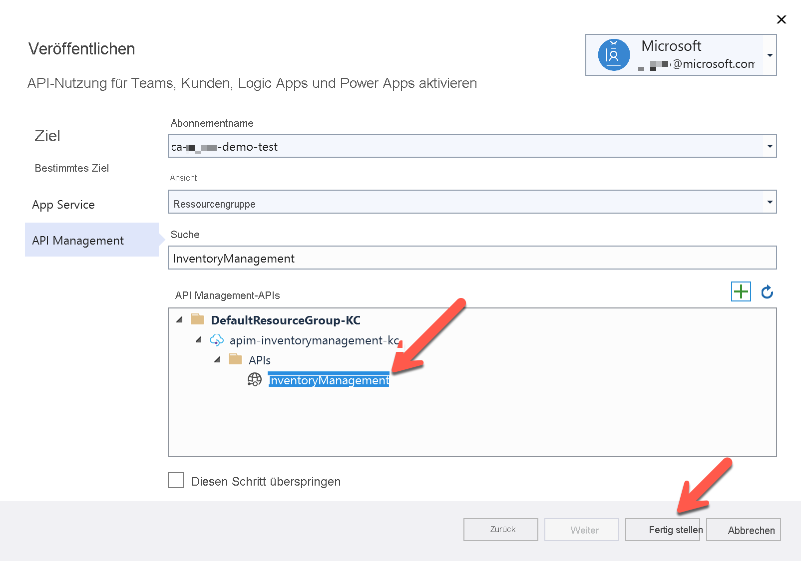 Screenshot: Integrieren mithilfe von Azure API Management in Visual Studio