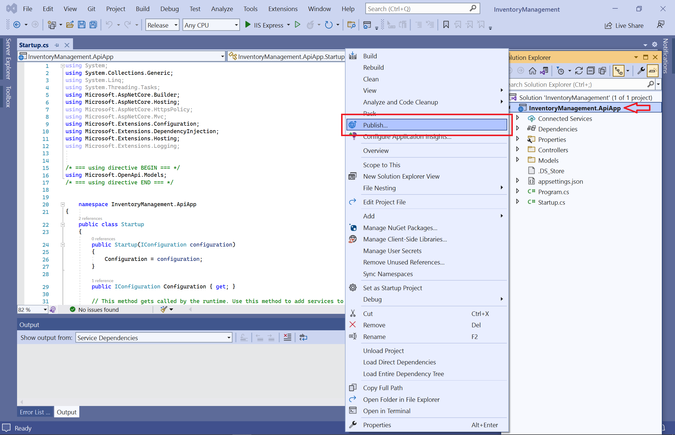 Klicken mit der rechten Maustaste auf „Veröffentlichen“ in Visual Studio