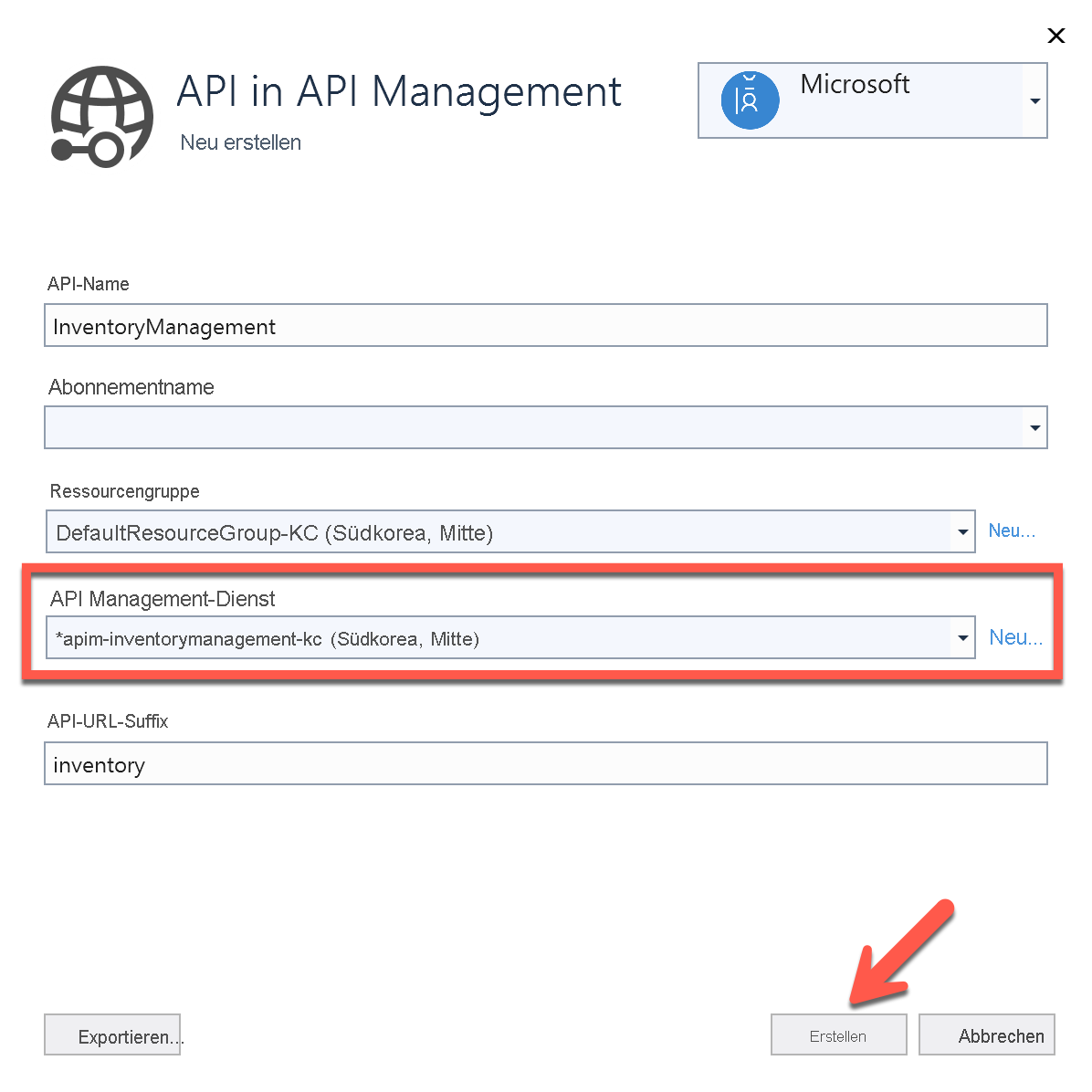 Ausgefüllte Daten zum Erstellen einer neuen API in API Management