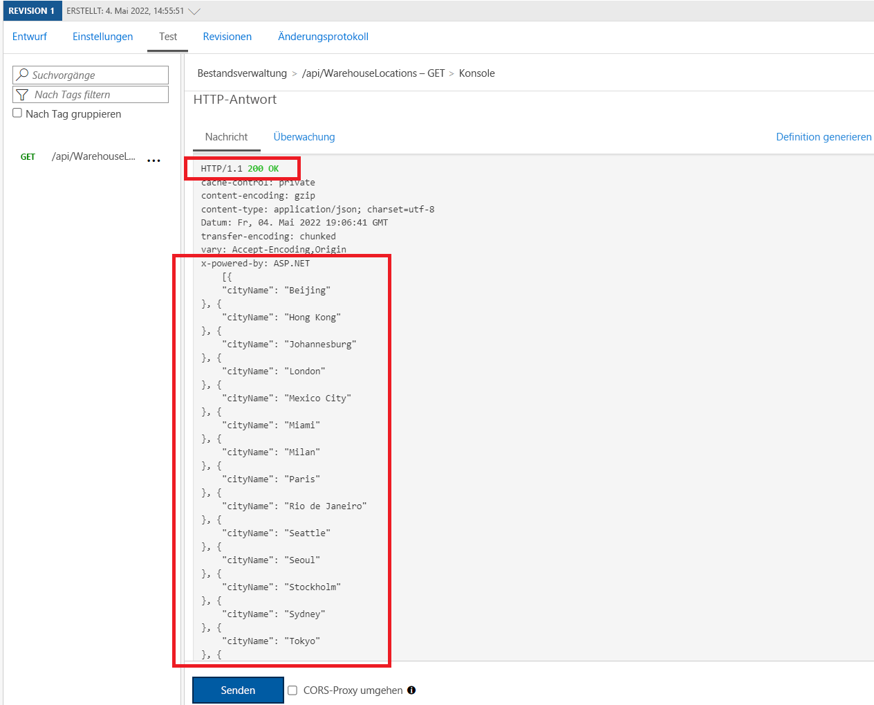 API Management: Ergebnis des API-Tests