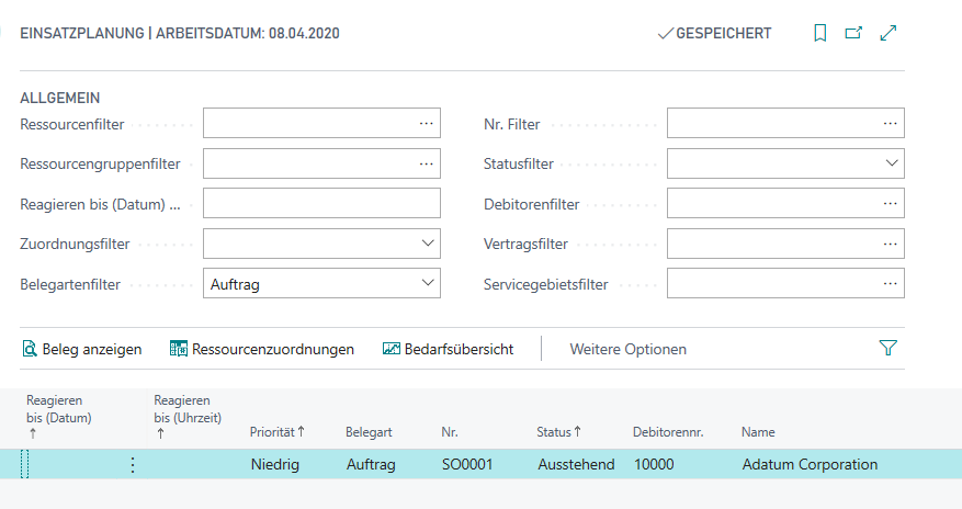 Screenshot der Seite „Einsatzplanung“ in Business Central