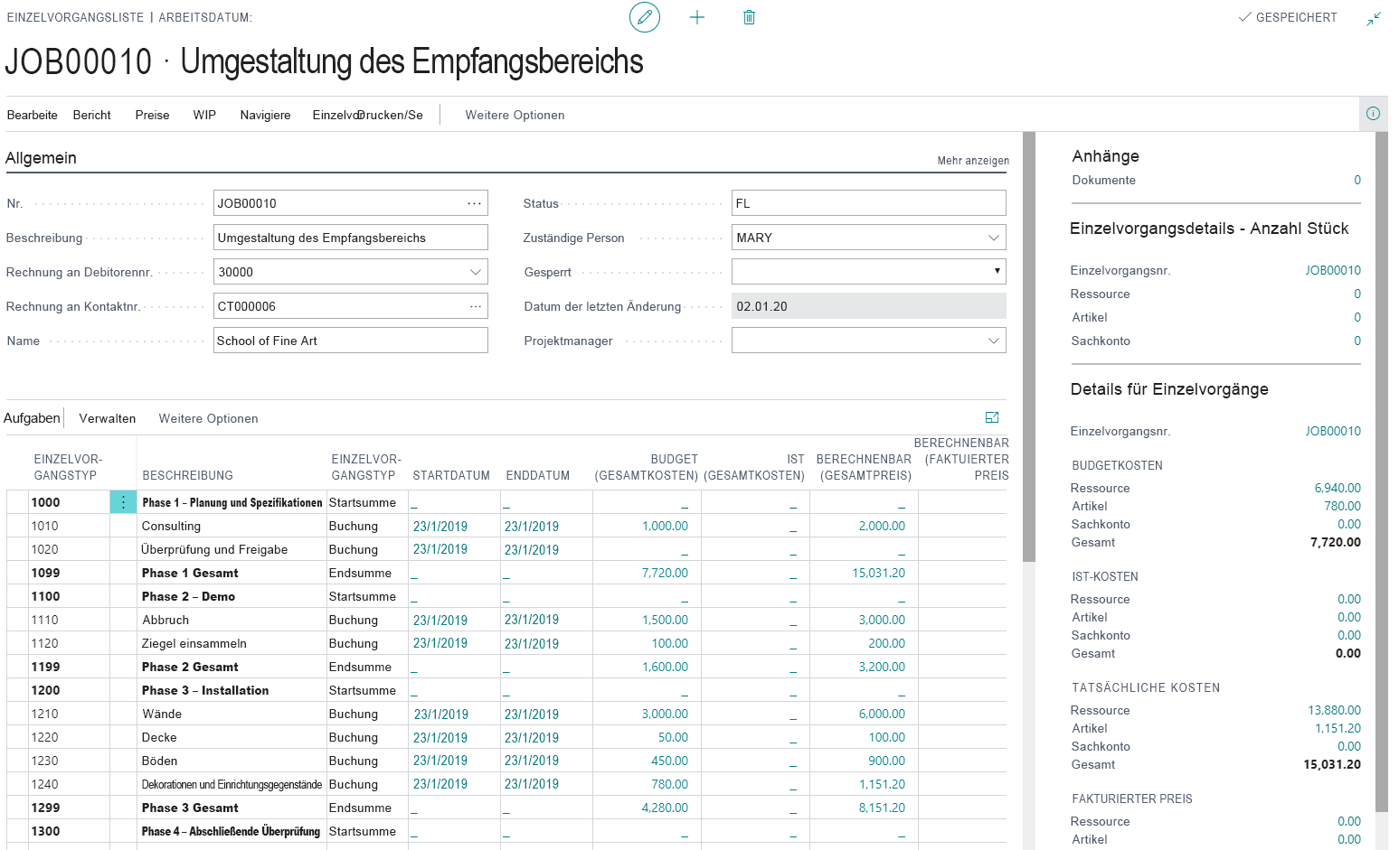 Screenshot der Seite „Projektkarte“ in Business Central