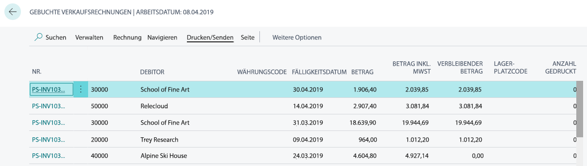 Screenshot zur Verwendung der Aktion „Drucken/Senden“ zum Senden von Dokumenten an Kunden