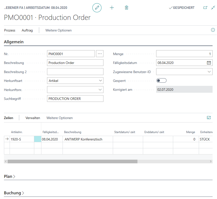 Screenshot der Seite „Produktionsauftrag“ in Business Central