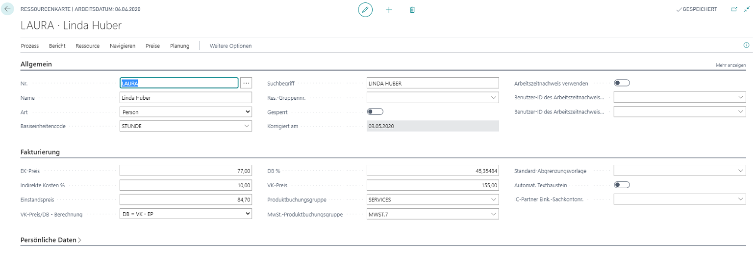 Screenshot der Seite „Ressourcenkarte“ in Business Central