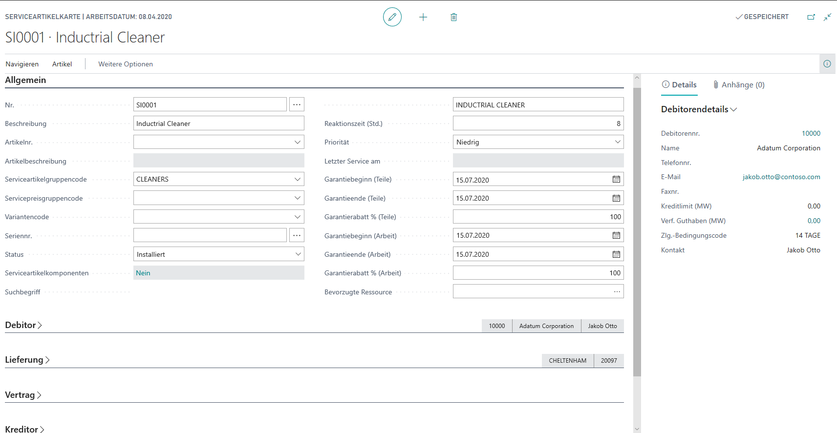 Screenshot der Seite „Serviceartikelkarte“ in Business Central