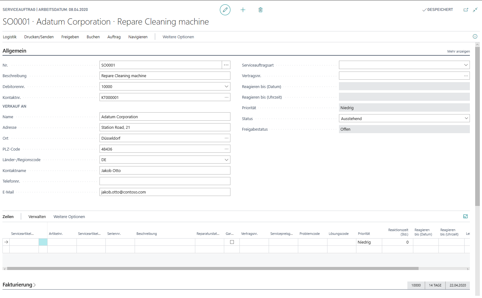 Screenshot der Seite „Serviceauftrag“ in Business Central