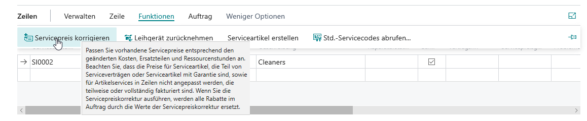 Screenshot zum Anpassen der Servicepreise