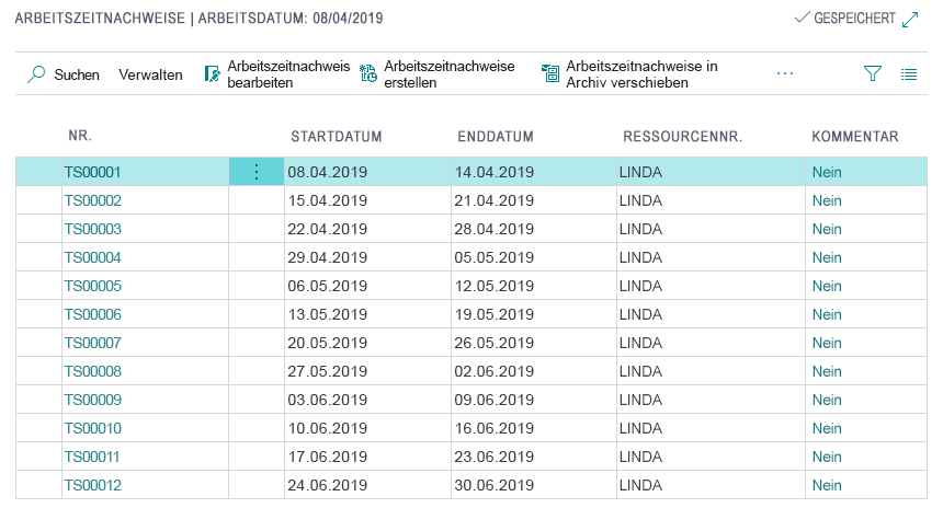 Screenshot der Seite „Arbeitszeitnachweise“ in Business Central