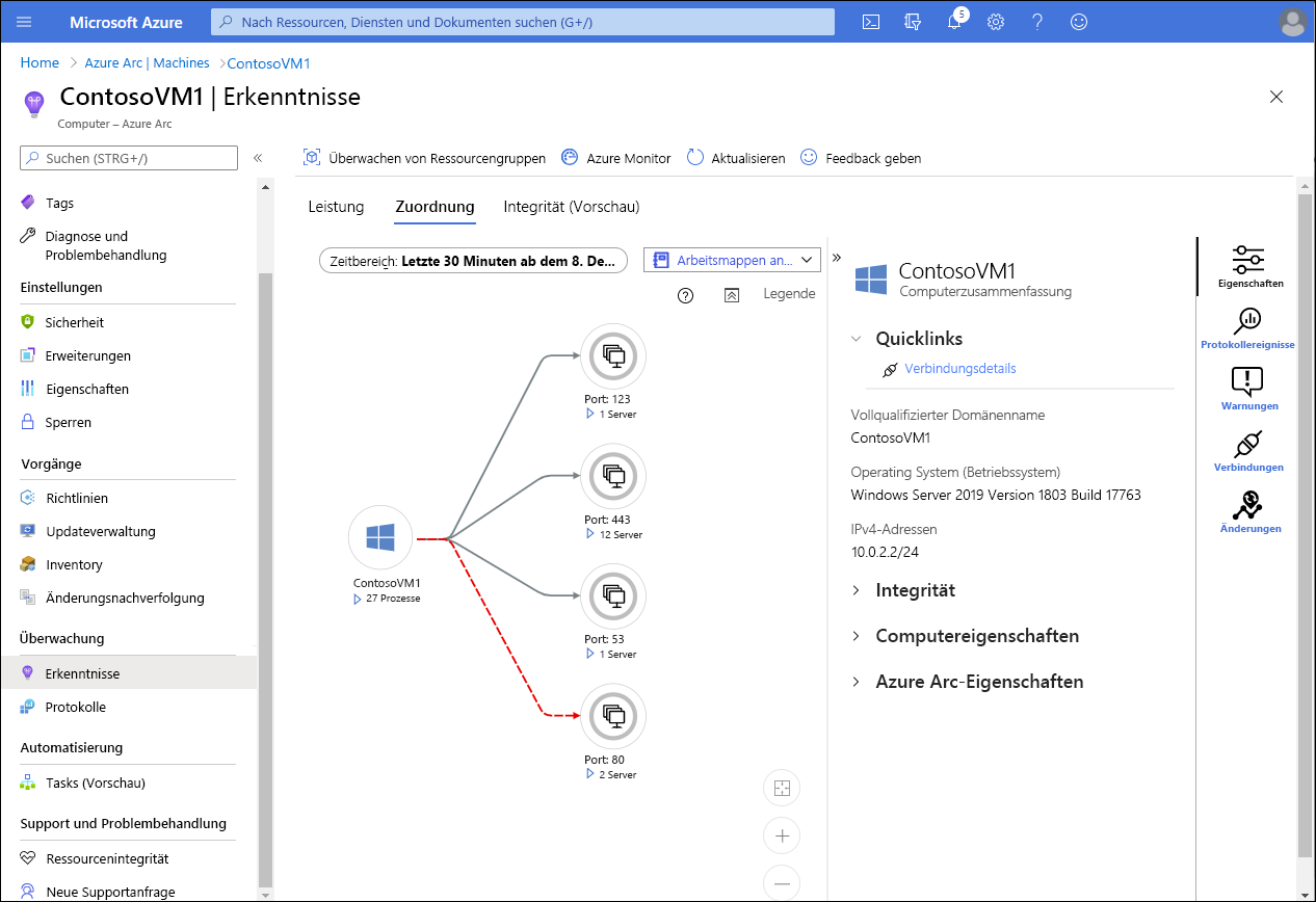 Screenshot, der die Registerkarte „Zuordnung“ auf der Seite „Erkenntnisse“ für einen virtuellen Computer in Azure darstellt. ContosoVM1 wird mit Details geöffneter TCP-Ports angezeigt. Außerdem wird eine VM-Zusammenfassung angezeigt, in der das Betriebssystem des virtuellen Computers, seine IP-Adresse und Links für Integrität, Computereigenschaften und Azure-VM-Eigenschaften aufgeführt sind. Drei Schaltflächen werden dargestellt, für den Zugriff auf „Eigenschaften“ (ausgewählt), „Protokollereignisse“, „Warnungen“ und „Verbindungen“.