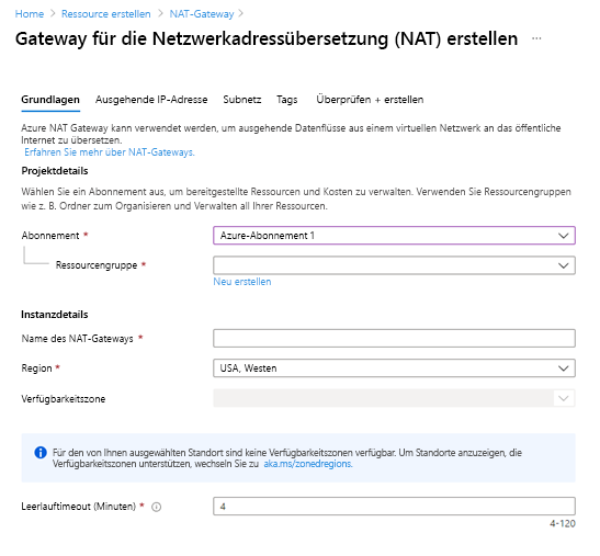 Screenshot des Fensters „Gateway für die Netzwerkadressübersetzung (NAT) erstellen“