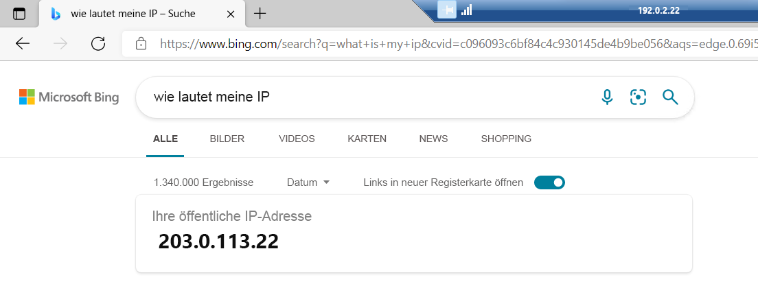 Screenshot, der den Unterschied zwischen der öffentlichen IP-Adresse einer Azure-VM und ihrer IP-Adresse für ausgehende Verbindungen zeigt.