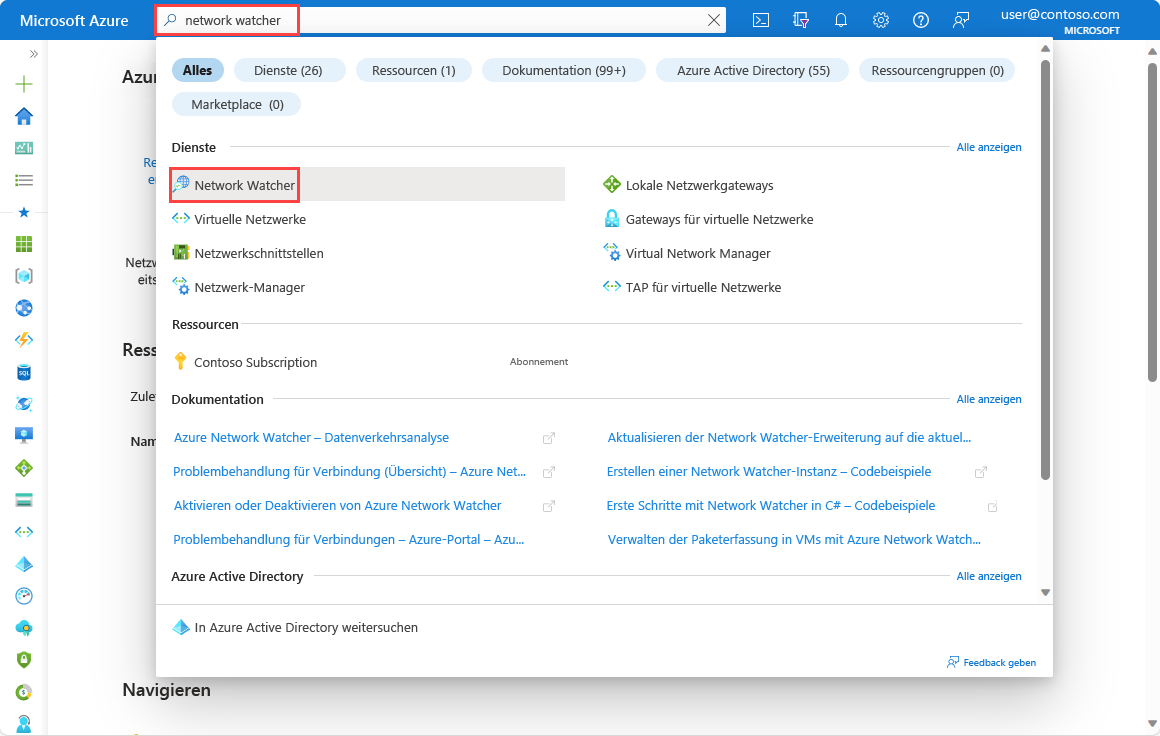 Screenshot that shows how to search for Network Watcher in the Azure portal.