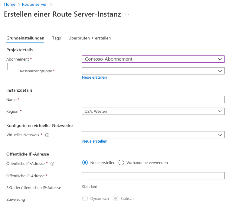 Screenshot of the create a route server page with the Basics tab selected.