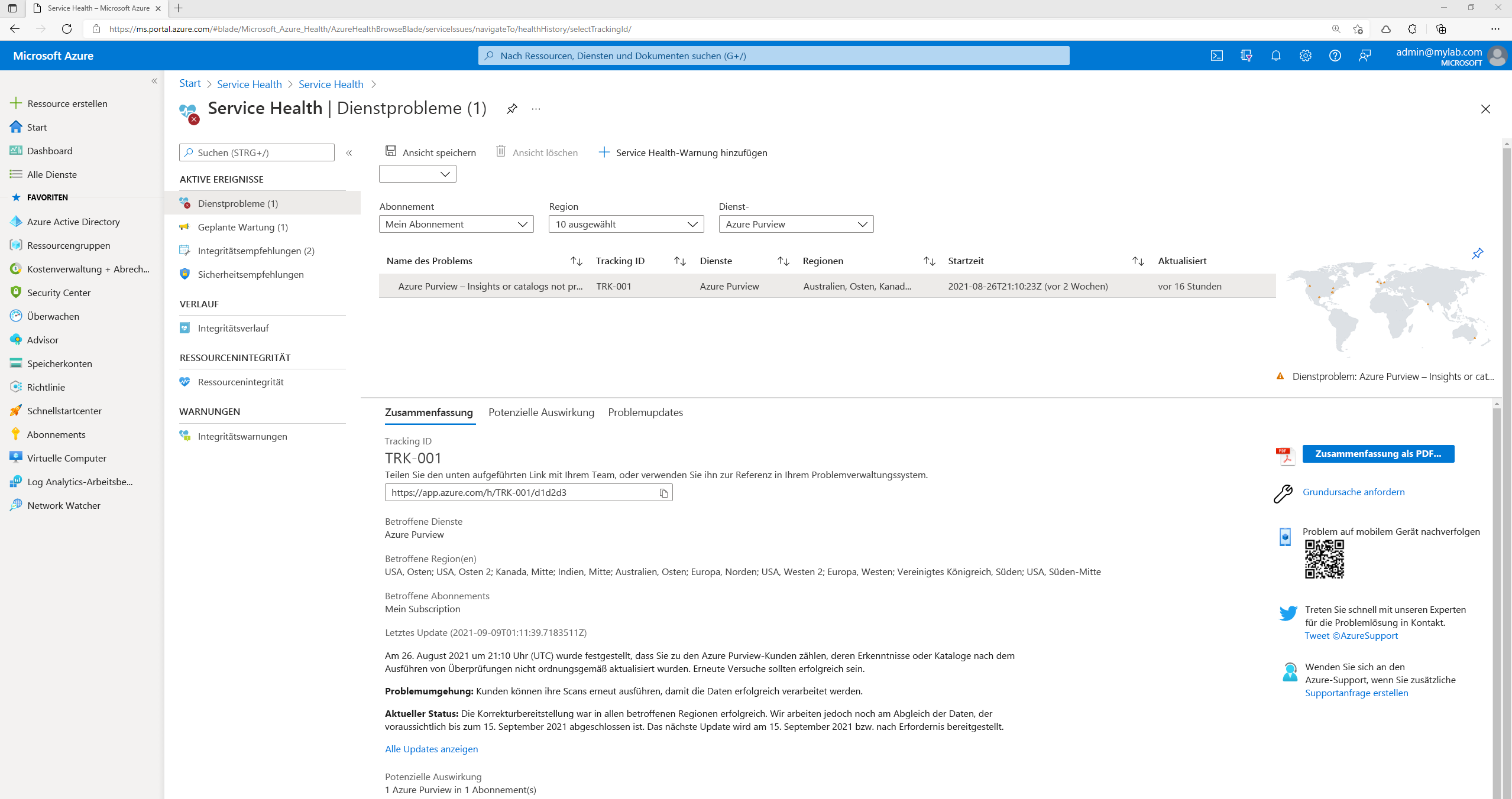 Screenshot of Azure Service Health showing the overall information provided