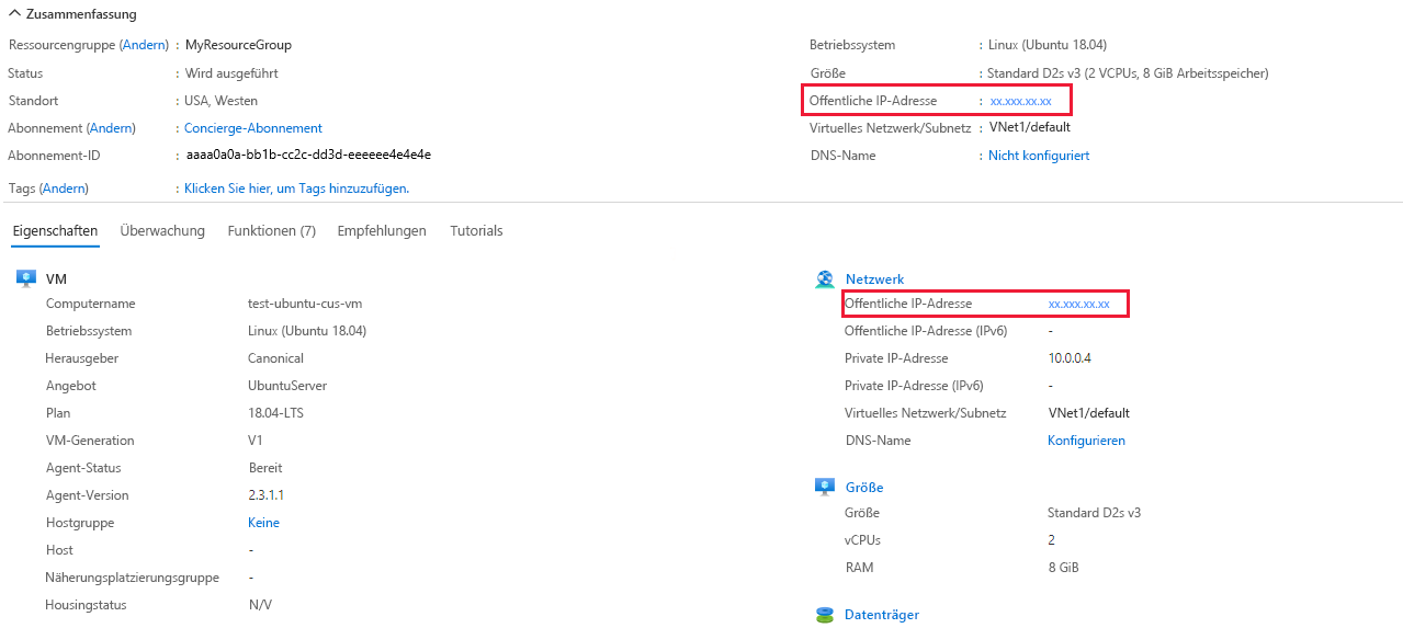 Screenshot: VM-Essentials und -Eigenschaften mit hervorgehobener öffentlicher IP-Adresse