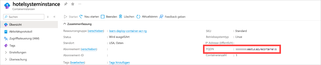 Screenshot des Bereichs „Neu“ im Azure-Portal mit den Containereigenschaften und hervorgehobenem FQDN.