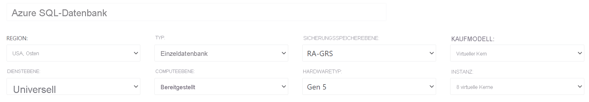 Screenshot of SQL instance options in pricing calculator depicting the region for hosting, the type (single or elastic pool), and the service tier among the options available.