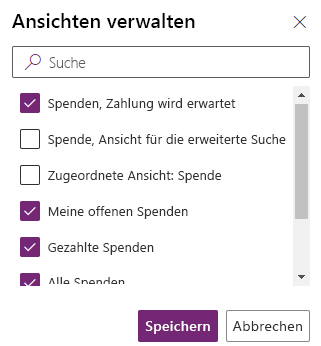 Screenshot von Ansichten auswählen in der modellgesteuerten App