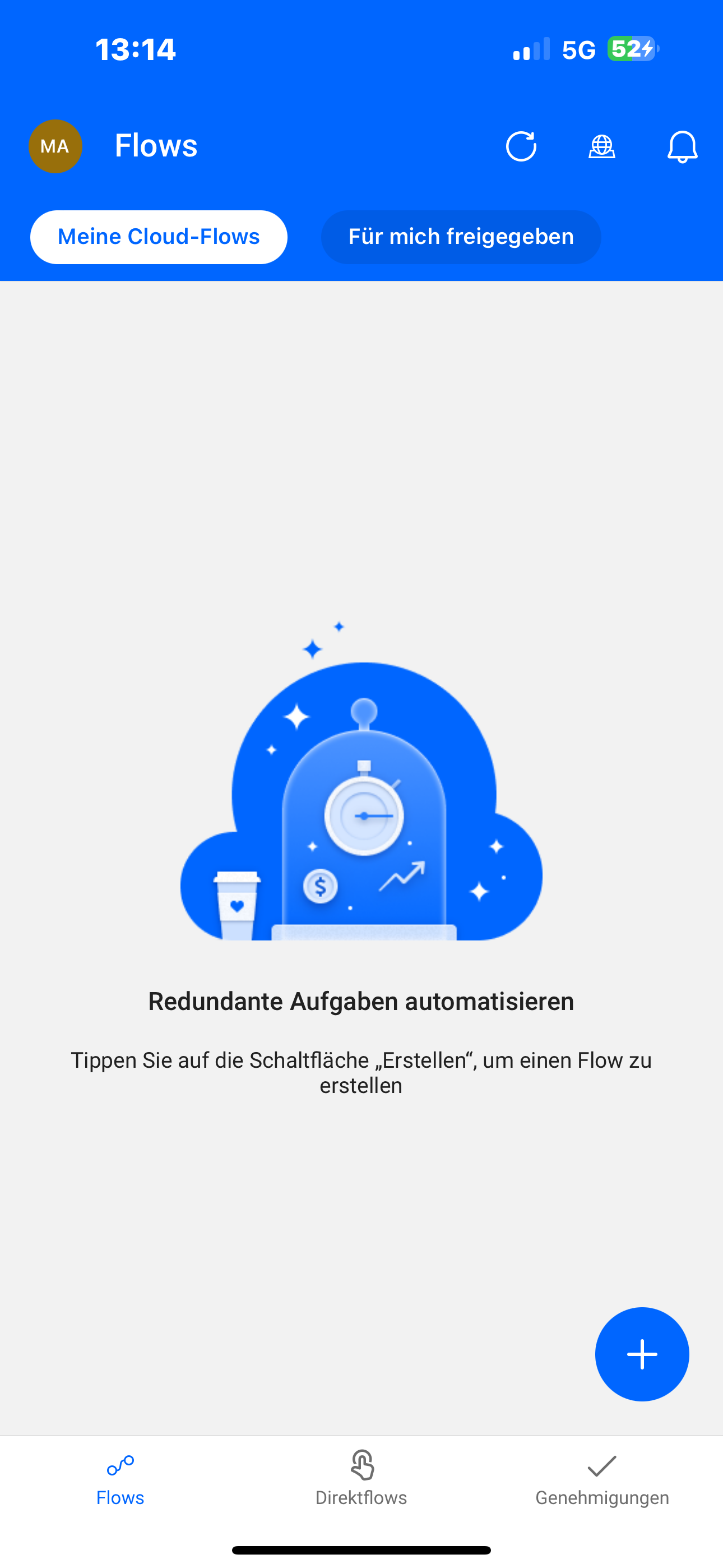 Screenshot der mobilen Power Automate-Benutzeroberfläche mit vorhandenen Flows