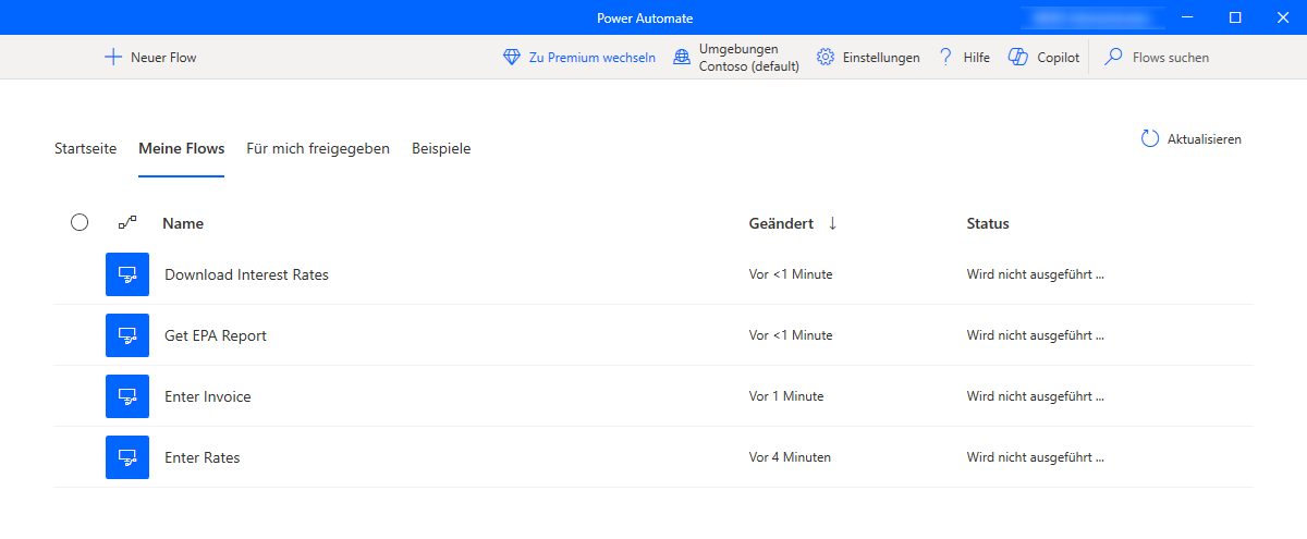 Screenshot der mobilen Power Automate für Desktop-Benutzeroberfläche mit vorhandenen Flows